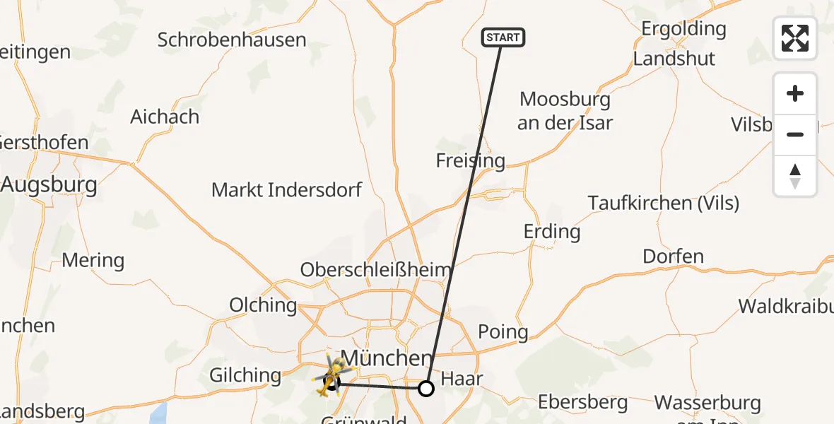 Flugroute Rettungshubschrauber Rudelzhausen - DRF Air Rescue München Hubschrauberlandeplatz, 19 Oktober 2026, 18:49