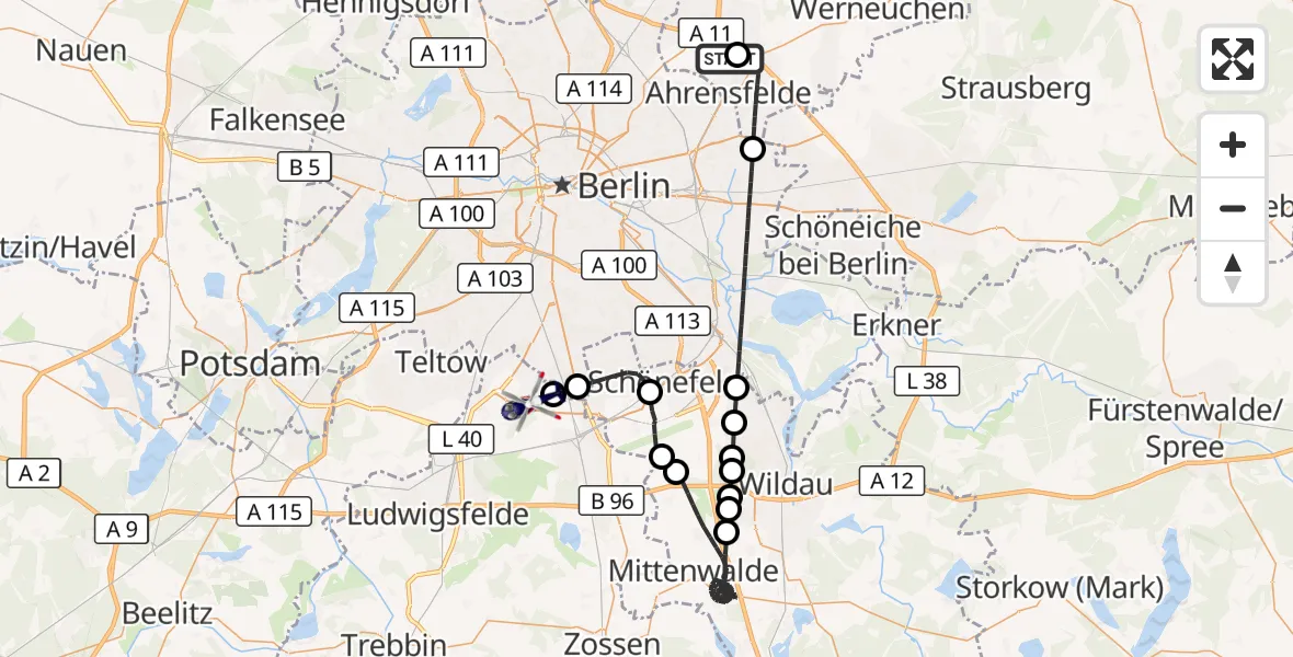 Flugroute Polizeihubschrauber Ahrensfelde Hubschrauberlandeplatz - Großbeeren, 19 Oktober 2026, 18:53