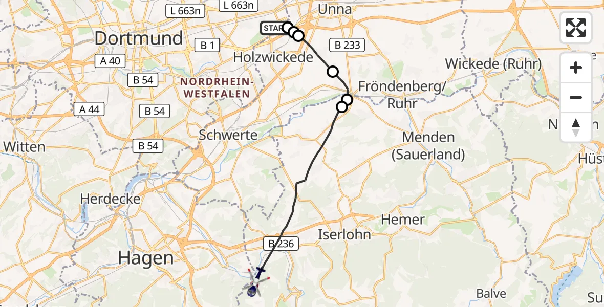 Flugroute Polizeihubschrauber Dortmund Flughafen - Iserlohn, 19 Oktober 2026, 19:00