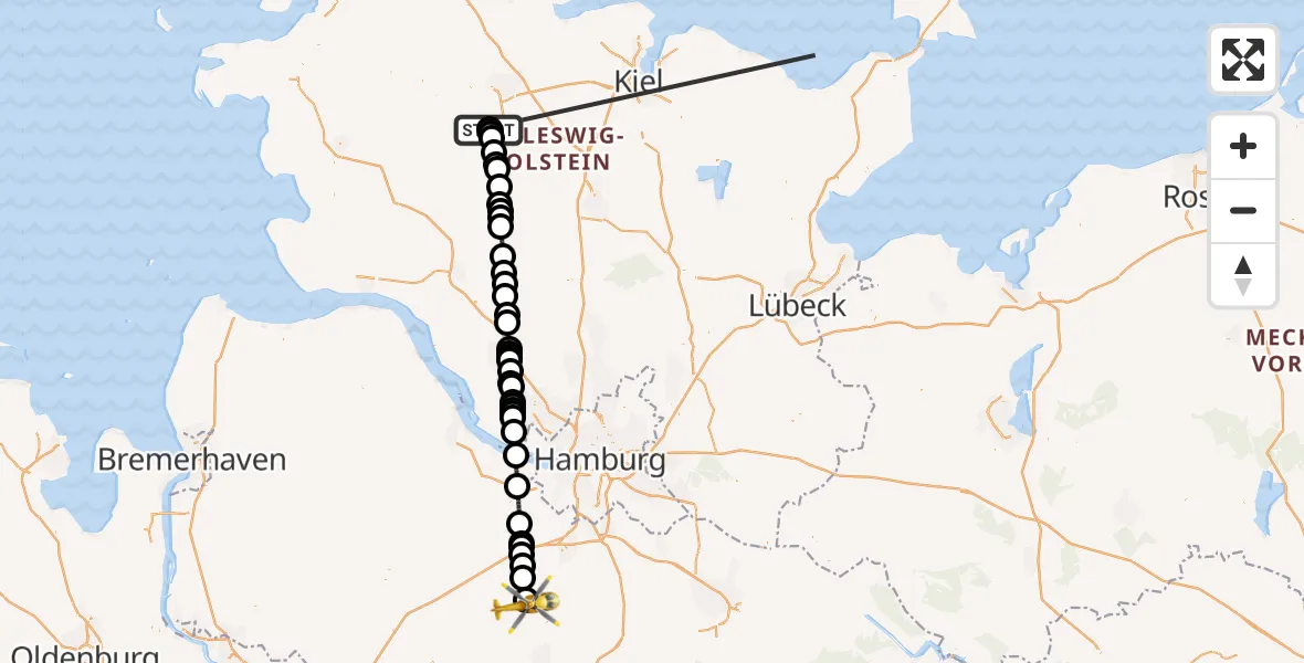 Flugroute Ambulanzhubschrauber Schülp b.Rendsburg - Otter, 19 Oktober 2026, 19:06