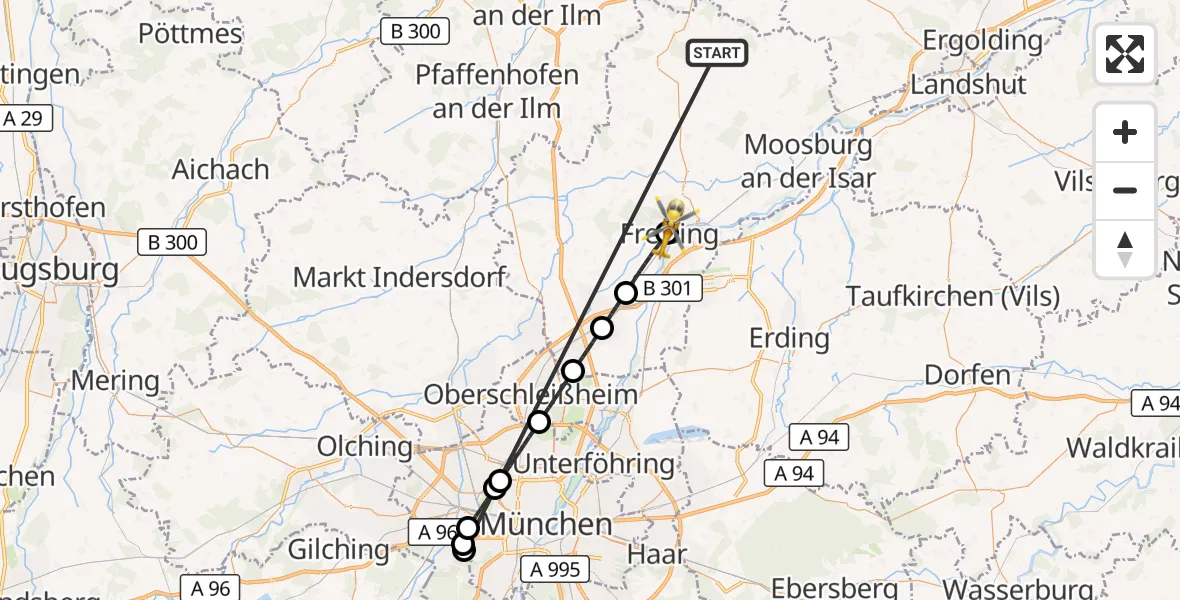 Flugroute Rettungshubschrauber Rudelzhausen - Freising Clinic Hubschrauberlandeplatz, 19 Oktober 2026, 19:09