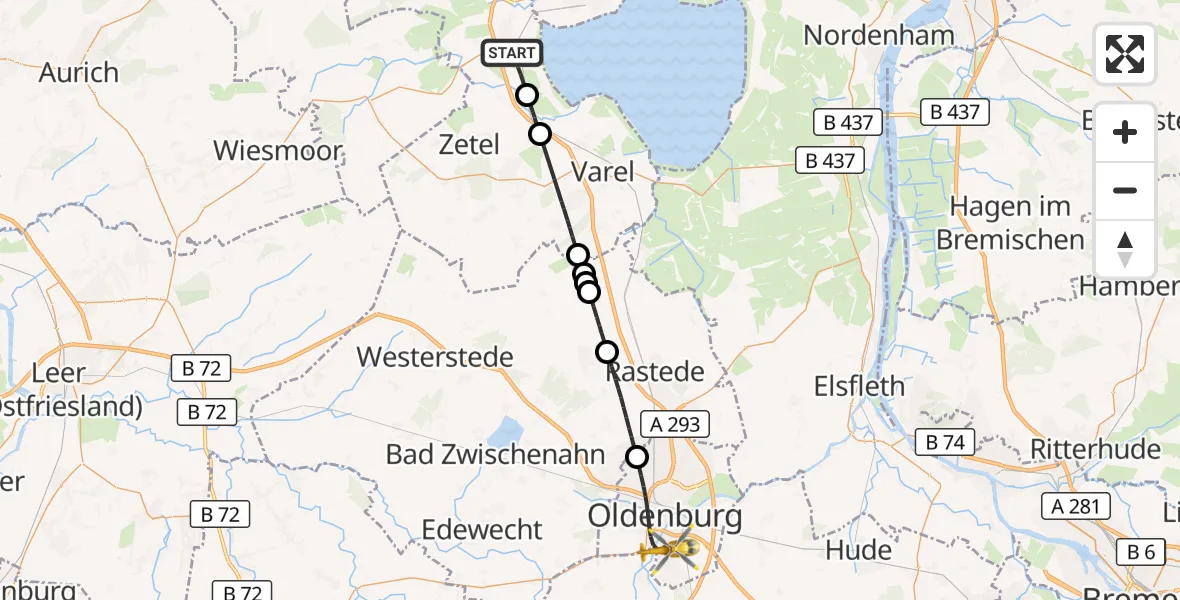 Flugroute Rettungshubschrauber Sande - Oldenburg (Oldb), 19 Oktober 2026, 19:16