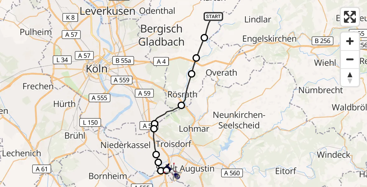 Flugroute Polizeihubschrauber Kürten - Bonn-Hangelar Flugplatz, 19 Oktober 2026, 19:24