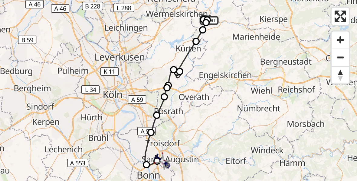 Flugroute Polizeihubschrauber Wipperfürth - Bonn-Hangelar Flugplatz, 19 Oktober 2026, 19:24