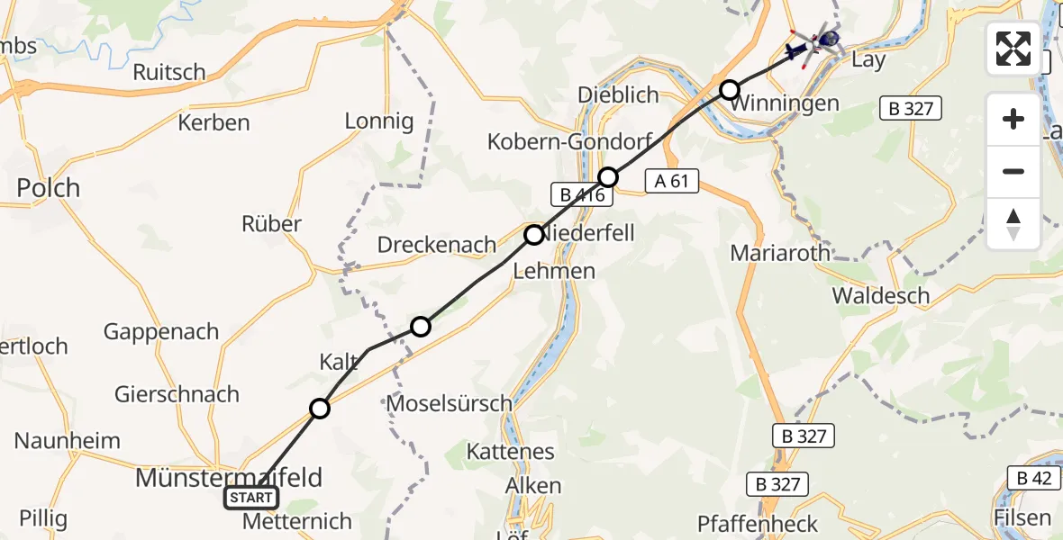 Flugroute Polizeihubschrauber Münstermaifeld - Koblenz-Winningen Flugplatz, 19 Oktober 2026, 19:24