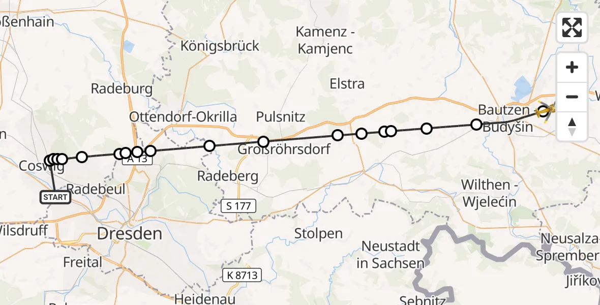 Flugroute Rettungshubschrauber Dresden - Kubschütz, 19 Oktober 2026, 19:39