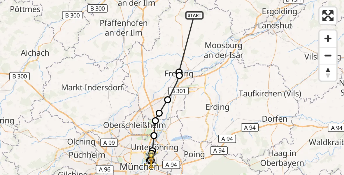 Flugroute Rettungshubschrauber Rudelzhausen - München Bogenhausen Hospital, 19 Oktober 2026, 19:46