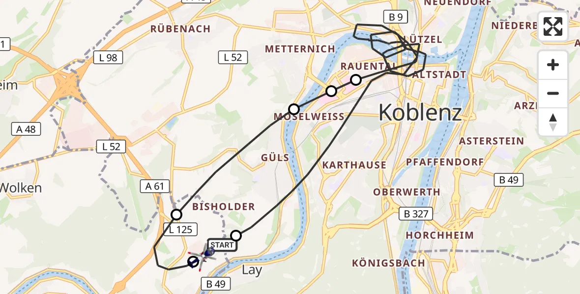 Flugroute Polizeihubschrauber Koblenz-Winningen Flugplatz - Koblenz-Winningen Flugplatz, 19 Oktober 2026, 19:47