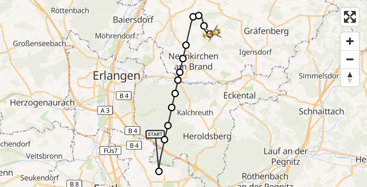 Flugroute Rettungshubschrauber Neunhofer Forst - Hetzleser Berg Flugplatz, 19 Oktober 2026, 19:57