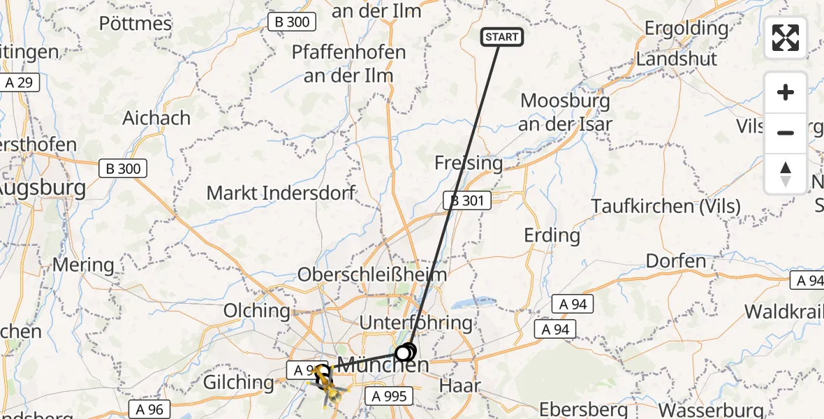 Flugroute Rettungshubschrauber Rudelzhausen - DRF Air Rescue München Hubschrauberlandeplatz, 19 Oktober 2026, 20:21