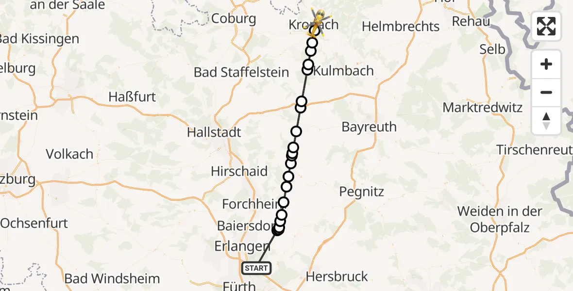 Flugroute Rettungshubschrauber Neunhofer Forst - Kronach, 19 Oktober 2026, 20:24