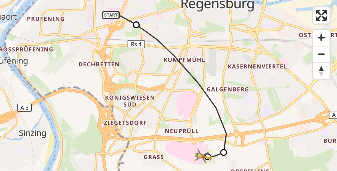 Flugroute Rettungshubschrauber Barmherzige Brüder (Brothers of Mercy) Hospital Regensburg - DRF Air Rescue Station Regensburg / Regensburg University Hospital, 19 Oktober 2026, 20:38