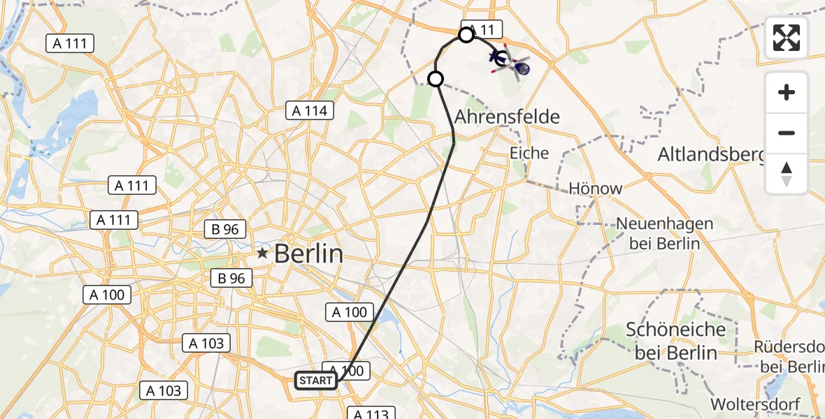 Flugroute Polizeihubschrauber Berlin - Ahrensfelde Hubschrauberlandeplatz, 19 Oktober 2026, 21:20