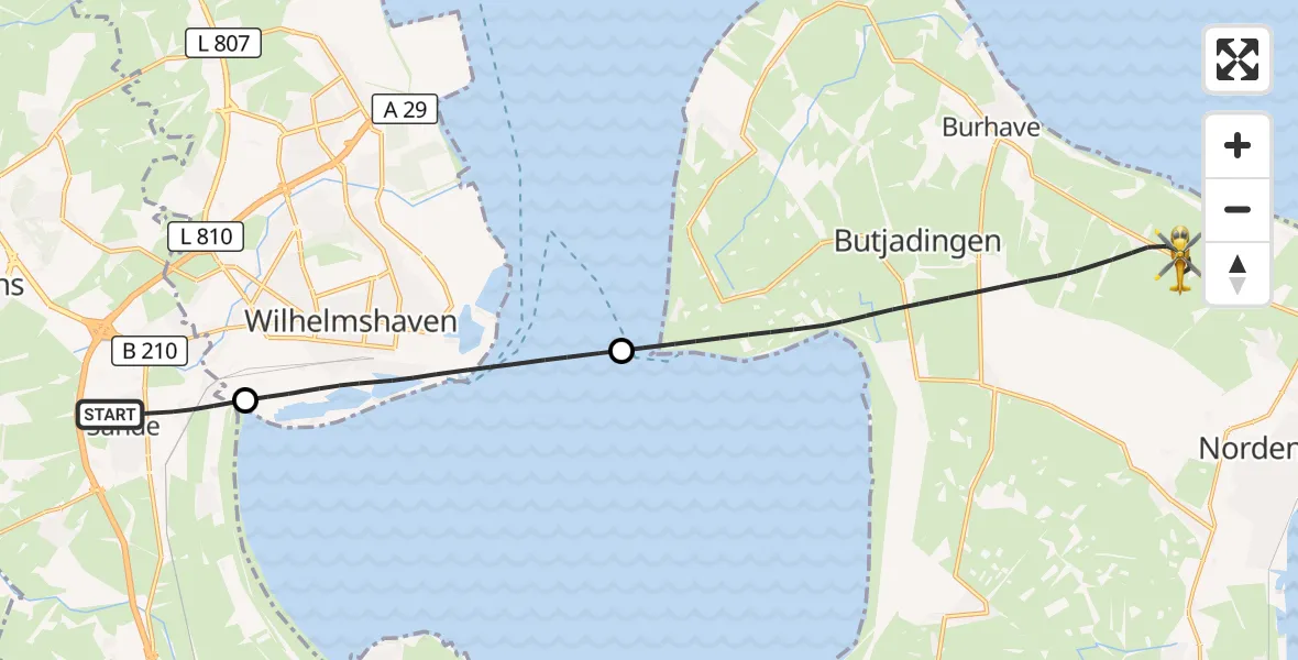 Flugroute Rettungshubschrauber Sande - Butjadingen, 19 Oktober 2026, 21:38