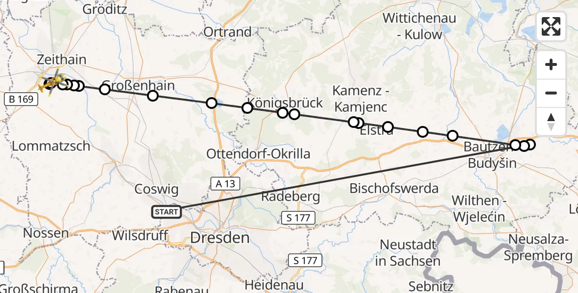 Flugroute Rettungshubschrauber Dresden - Riesa Hospital, 19 Oktober 2026, 22:01