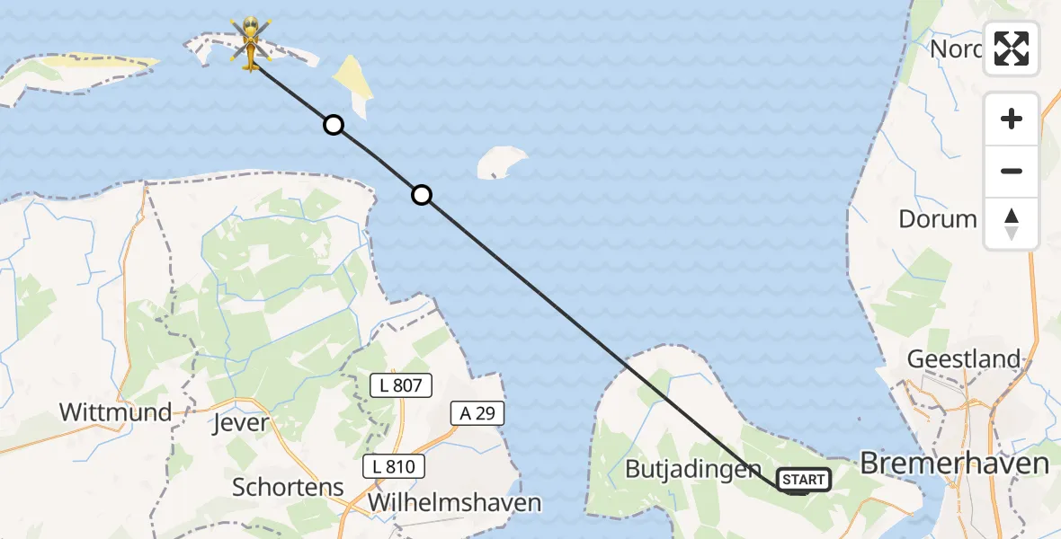 Flugroute Rettungshubschrauber Butjadingen - Noordzee, 19 Oktober 2026, 22:15