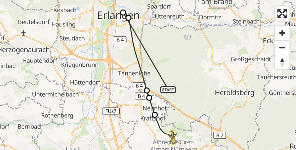 Flugroute Rettungshubschrauber Neunhofer Forst - Flughafen Nuremberg, 19 Oktober 2026, 22:26