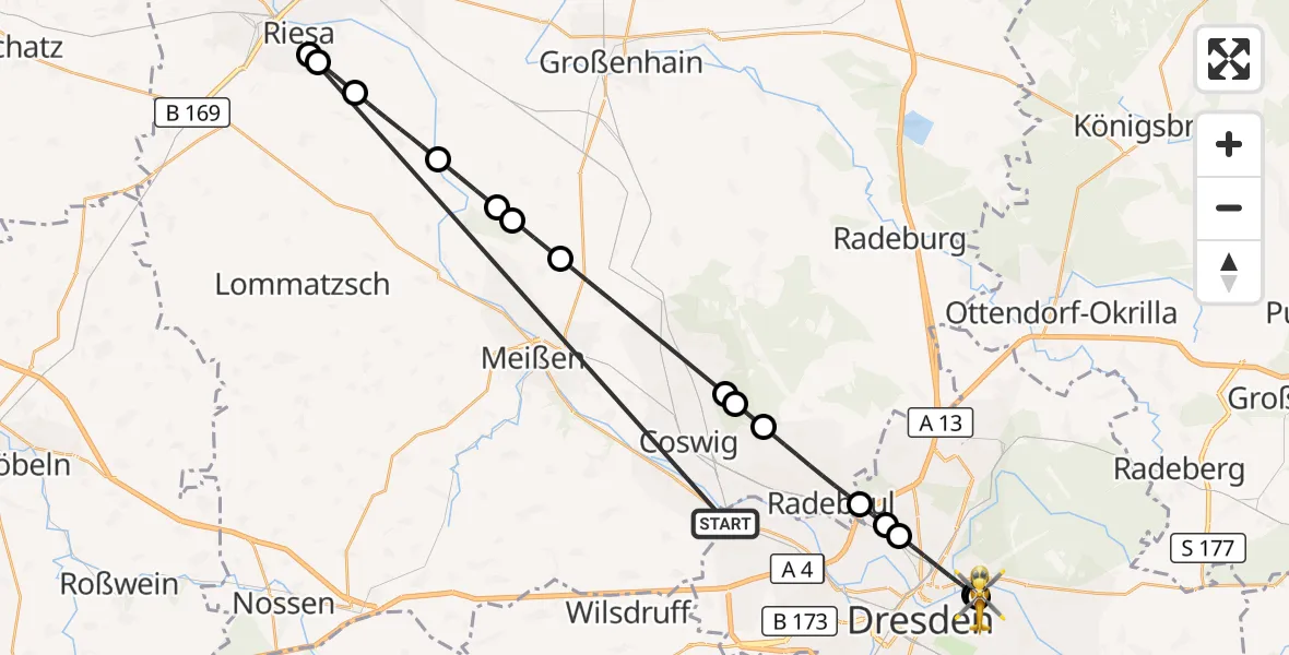 Flugroute Rettungshubschrauber Dresden - Dresden University Hospital, 19 Oktober 2026, 23:00