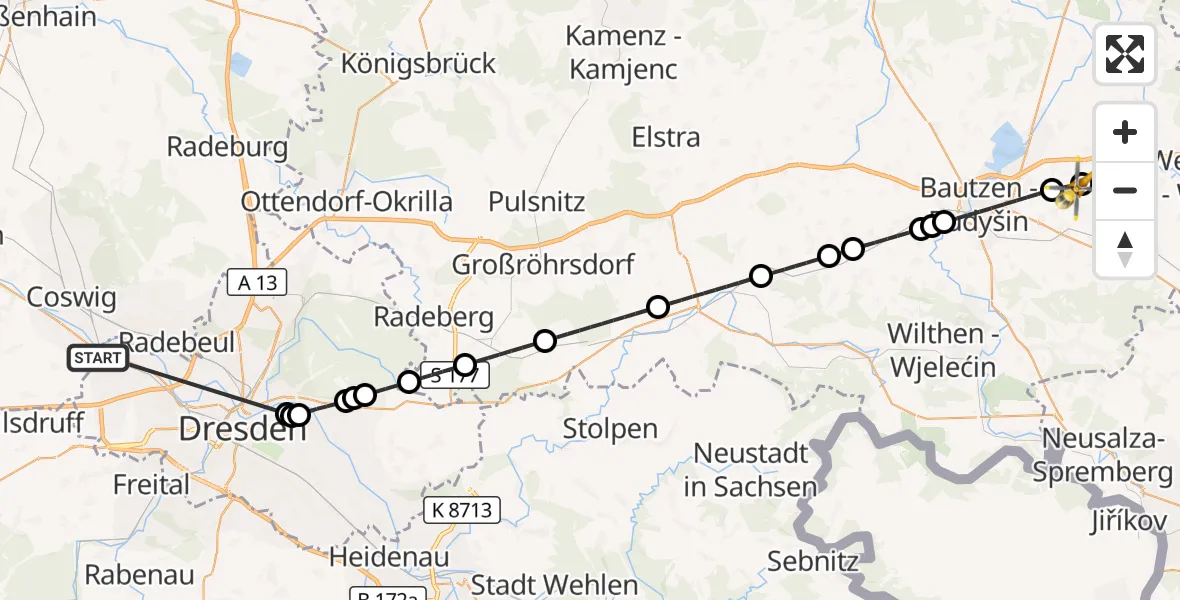 Flugroute Rettungshubschrauber Dresden - Bautzen Flugplatz, 19 Oktober 2026, 23:49