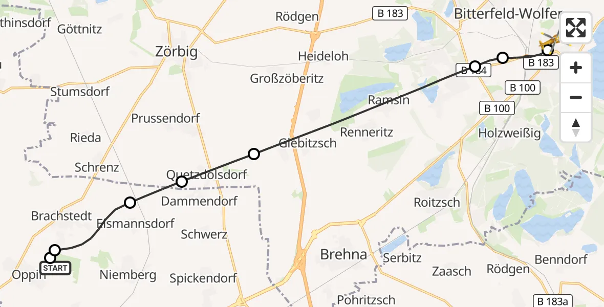 Flugroute Rettungshubschrauber Halle-Oppin Flugplatz - Bitterfield-Wolfen Health Center Hubschrauberlandeplatz, 19 Oktober 2026, 23:50