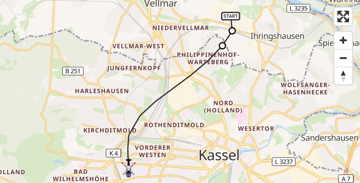 Flugroute Polizeihubschrauber Fuldatal Bundespolizei Hubschrauberlandeplatz - Kassel, 20 Oktober 2026, 06:01