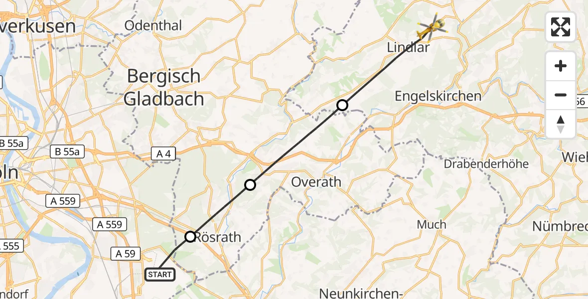 Flugroute Rettungshubschrauber Köln Bonn Flughafen - Lindlar, 20 Oktober 2026, 06:16
