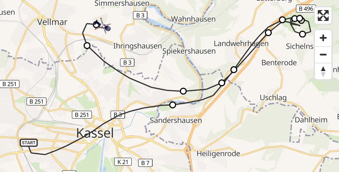 Flugroute Polizeihubschrauber Kassel - Fuldatal Bundespolizei Hubschrauberlandeplatz, 20 Oktober 2026, 06:21