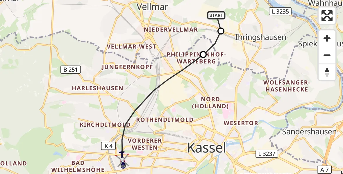 Flugroute Polizeihubschrauber Fuldatal Bundespolizei Hubschrauberlandeplatz - Kassel, 20 Oktober 2026, 06:42