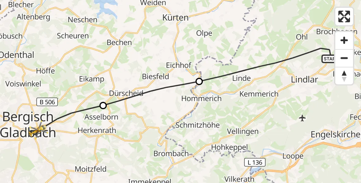 Flugroute Rettungshubschrauber Lindlar - Bergisch Gladbach, 20 Oktober 2026, 06:49