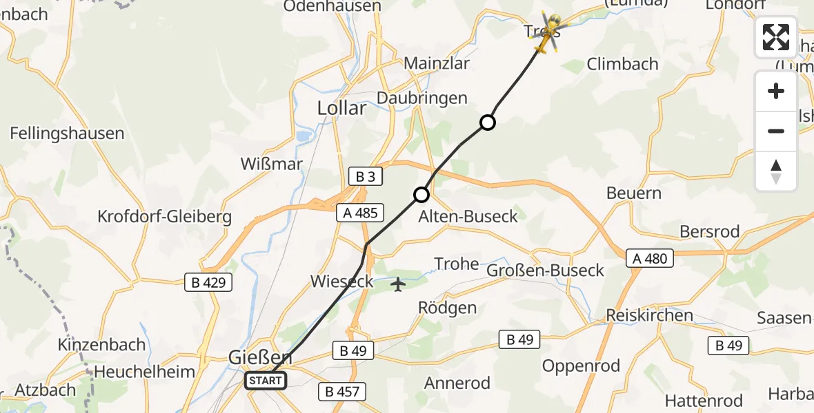 Flugroute Ambulanzhubschrauber Gießen - Staufenberg, 20 Oktober 2026, 06:52
