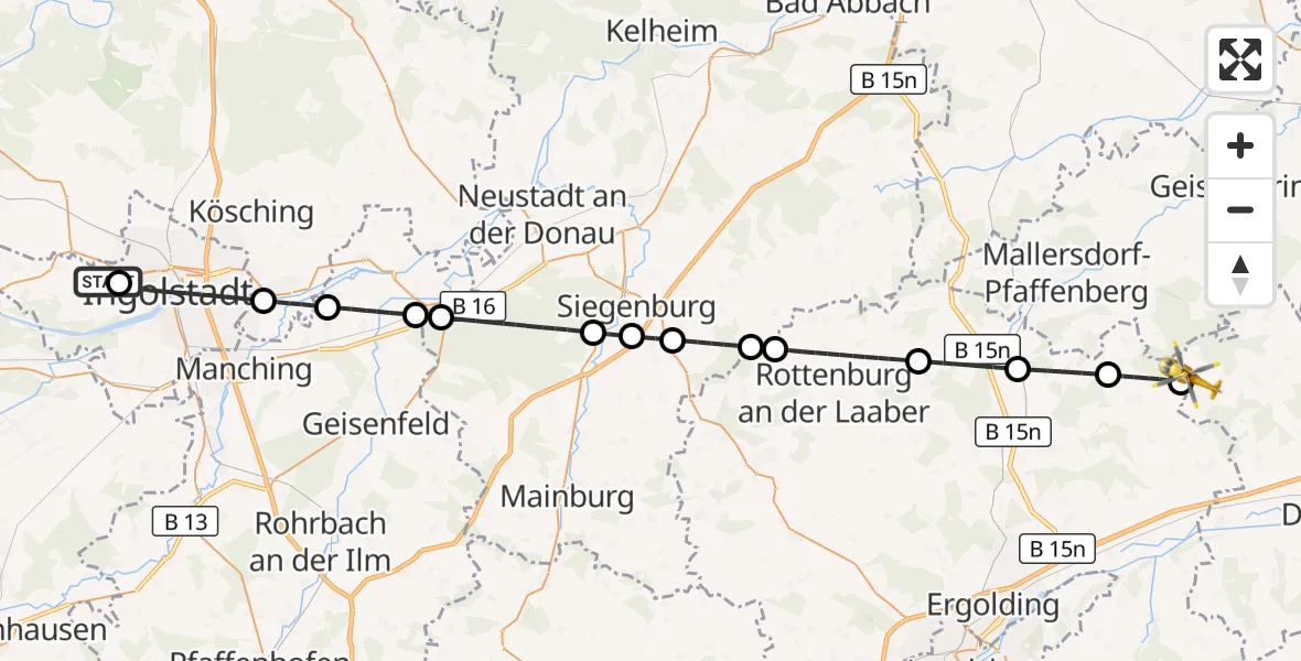 Flugroute Rettungshubschrauber Ingolstadt Hospital - Mengkofen, 20 Oktober 2026, 06:53