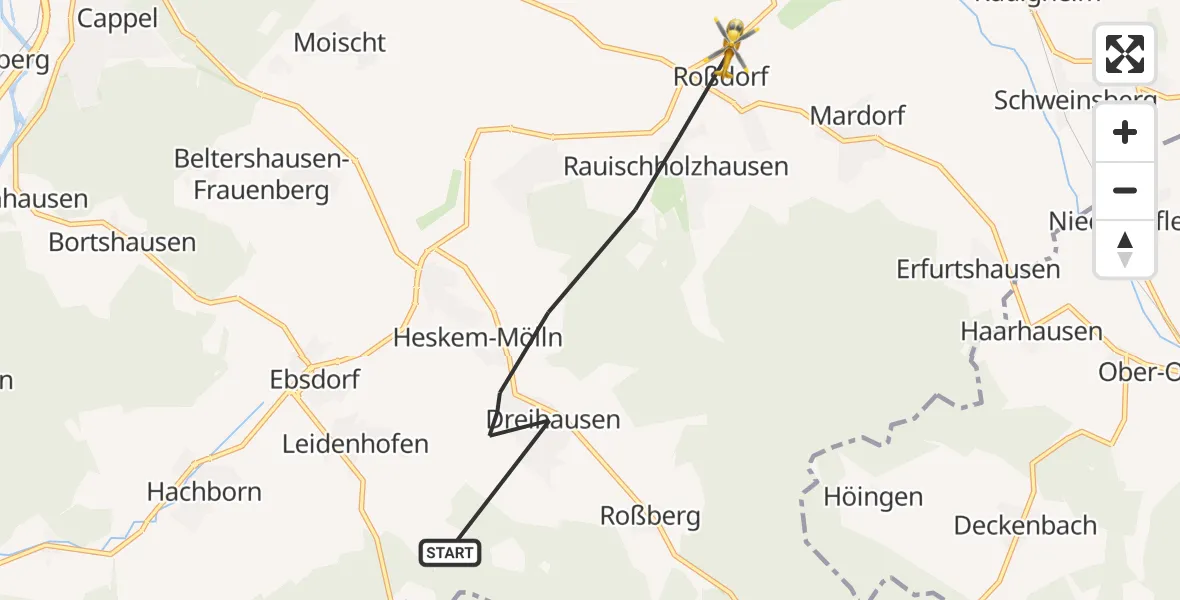 Flugroute Ambulanzhubschrauber Ebsdorfergrund - Amöneburg, 20 Oktober 2026, 06:57