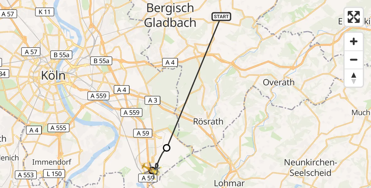 Flugroute Ambulanzhubschrauber Bergisch Gladbach - Köln, 20 Oktober 2026, 07:04