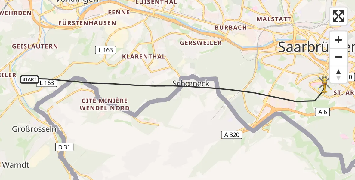 Flugroute Rettungshubschrauber Saarbrücken - Saarbrücken, 20 Oktober 2026, 07:21