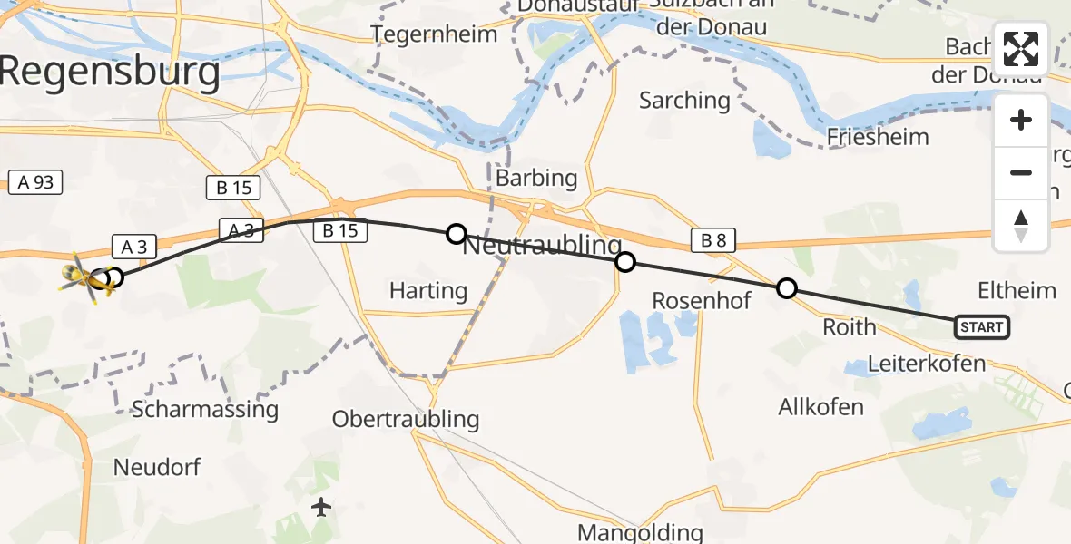 Flugroute Rettungshubschrauber Barbing - DRF Air Rescue Station Regensburg / Regensburg University Hospital, 20 Oktober 2026, 07:23