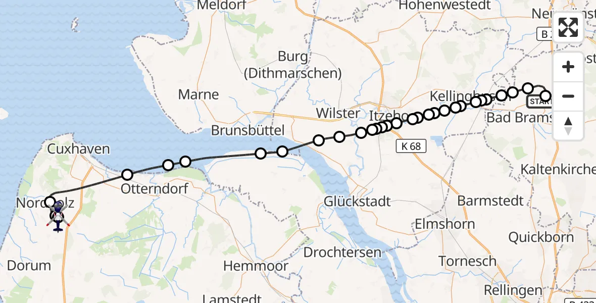 Flugroute Polizeihubschrauber Bad Bramstedt Hubschrauberlandeplatz - Wurster Nordseeküste, 20 Oktober 2026, 07:29