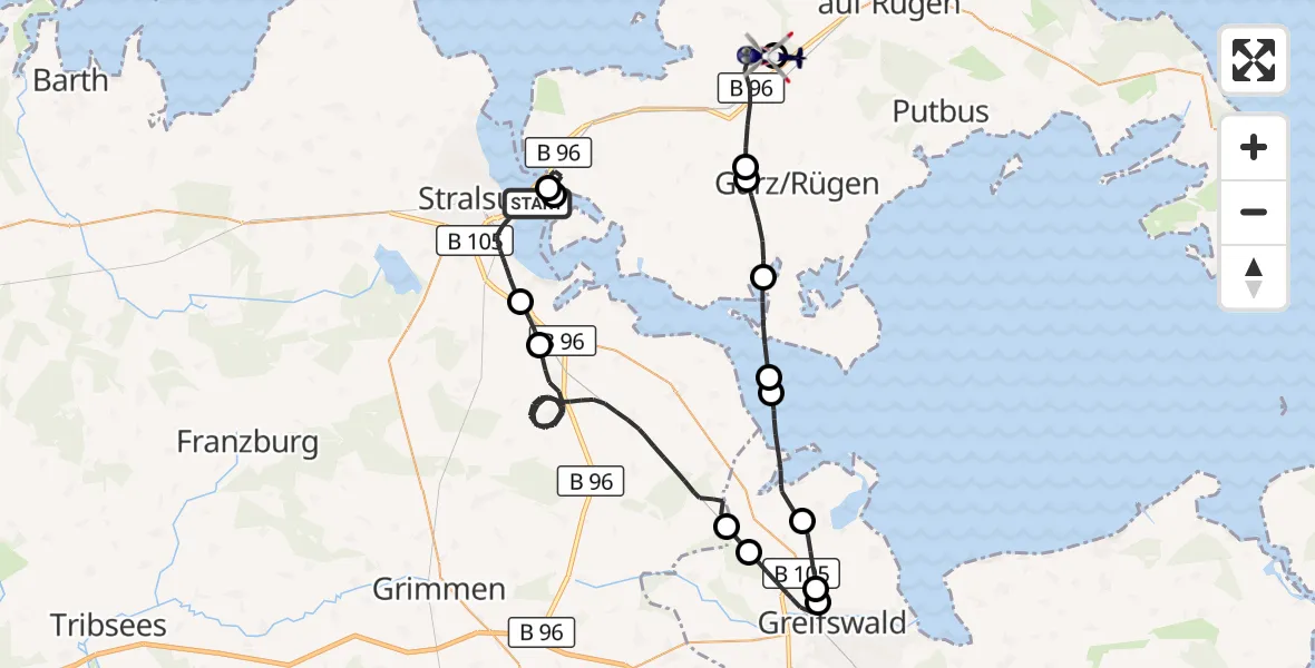 Flugroute Polizeihubschrauber Stralsund - Rügen Flughafen, 20 Oktober 2026, 07:38