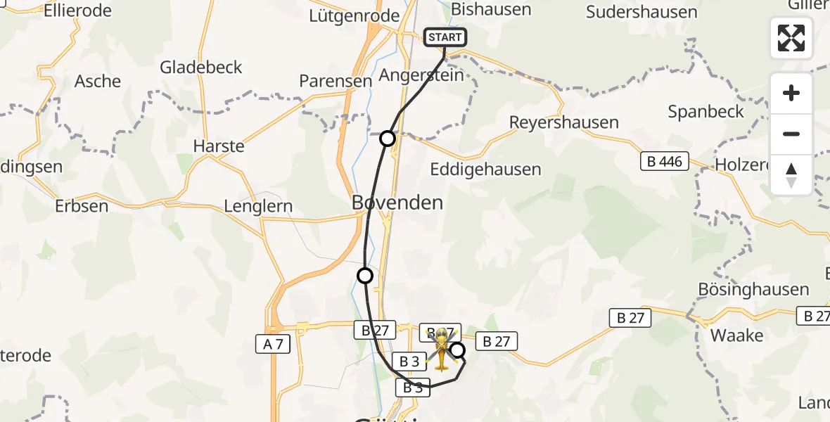 Flugroute Rettungshubschrauber Nörten-Hardenberg - Göttingen University Clinic Hubschrauberlandeplatz, 20 Oktober 2026, 07:41