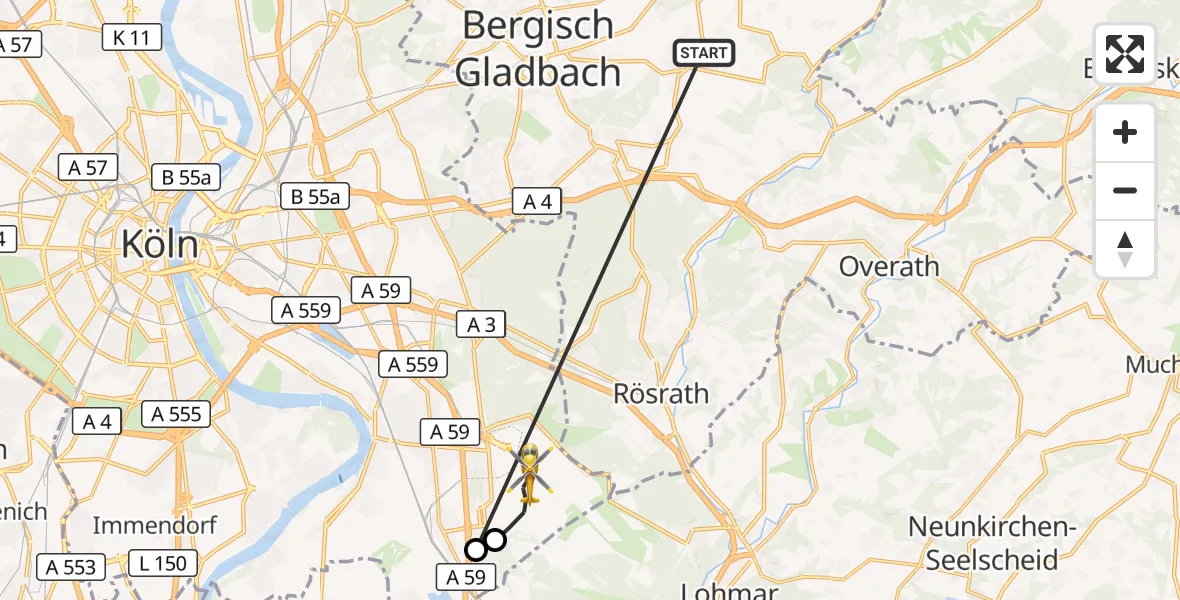 Flugroute Ambulanzhubschrauber Bergisch Gladbach - Köln Bonn Flughafen, 20 Oktober 2026, 07:41