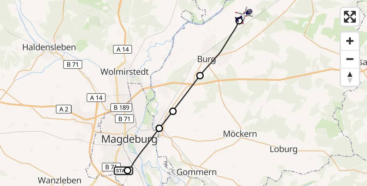 Flugroute Polizeihubschrauber Magdeburg City Flugplatz - Elbe-Parey, 20 Oktober 2026, 07:50