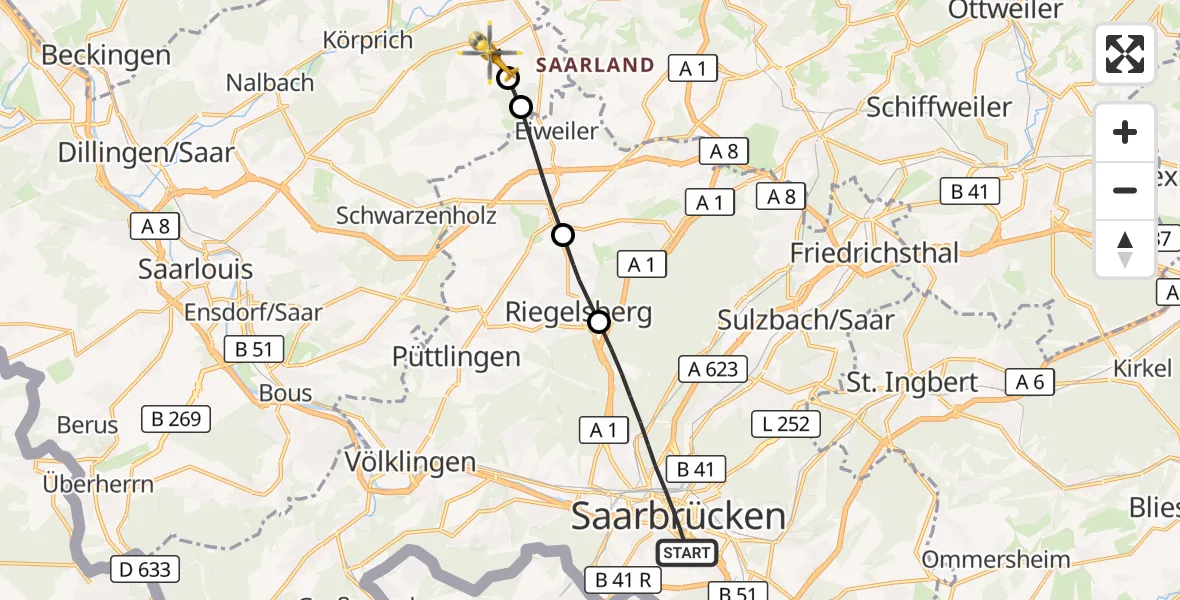 Flugroute Rettungshubschrauber Saarbrücken - Lebach, 20 Oktober 2026, 08:00