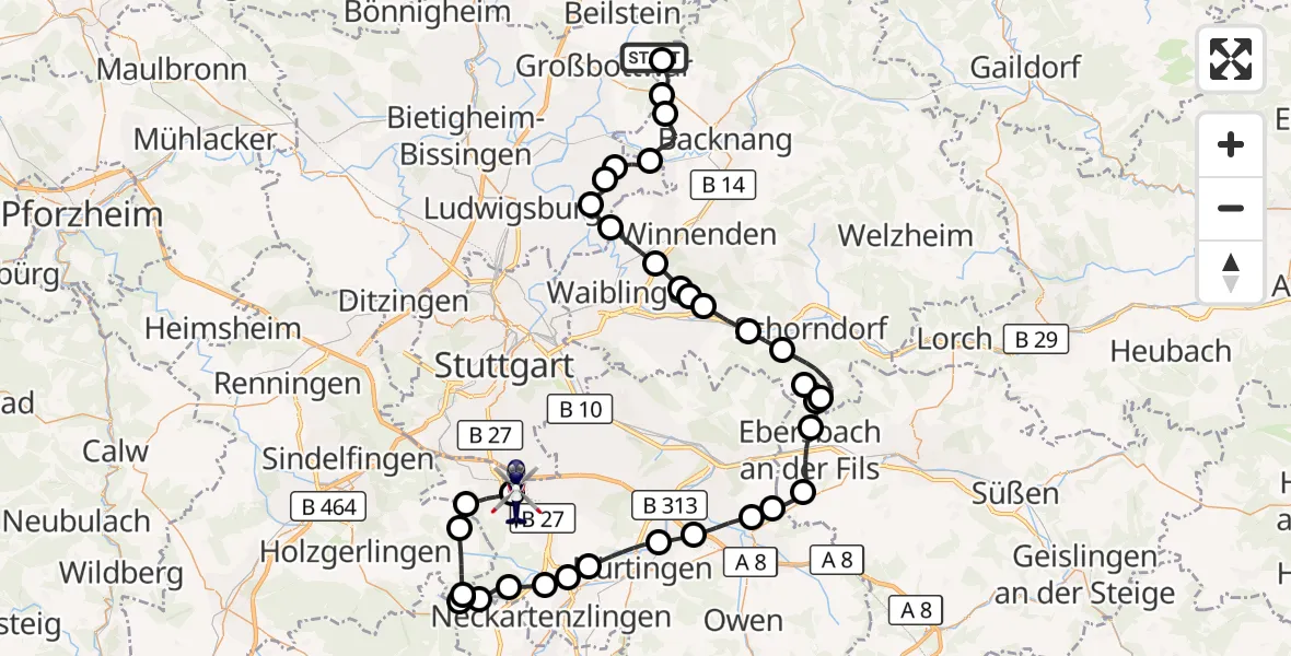 Flugroute Polizeihubschrauber Völkleshofen-Lichtenberg Flugplatz - Flughafen Stuttgart, 20 Oktober 2026, 08:04