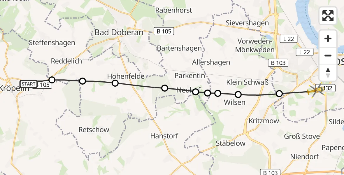 Flugroute Ambulanzhubschrauber Kröpelin - Rostock, 20 Oktober 2026, 08:13