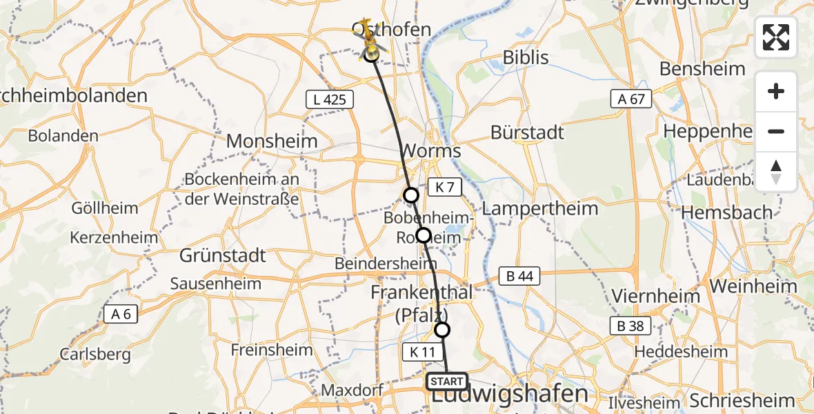 Flugroute Rettungshubschrauber Ludwigshafen am Rhein - Osthofen, 20 Oktober 2026, 08:14