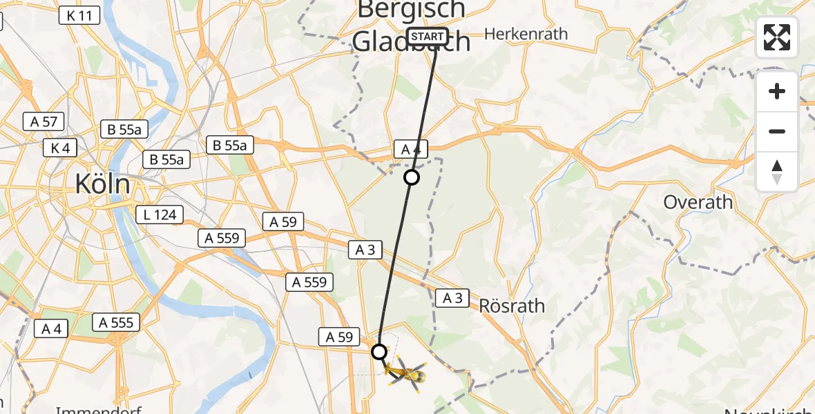 Flugroute Rettungshubschrauber Bergisch Gladbach - Köln Bonn Flughafen, 20 Oktober 2026, 08:33