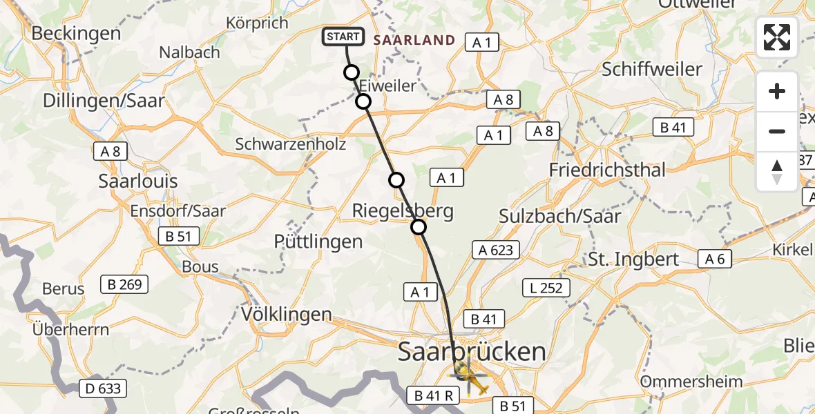 Flugroute Rettungshubschrauber Lebach - Saarbrücken, 20 Oktober 2026, 08:33