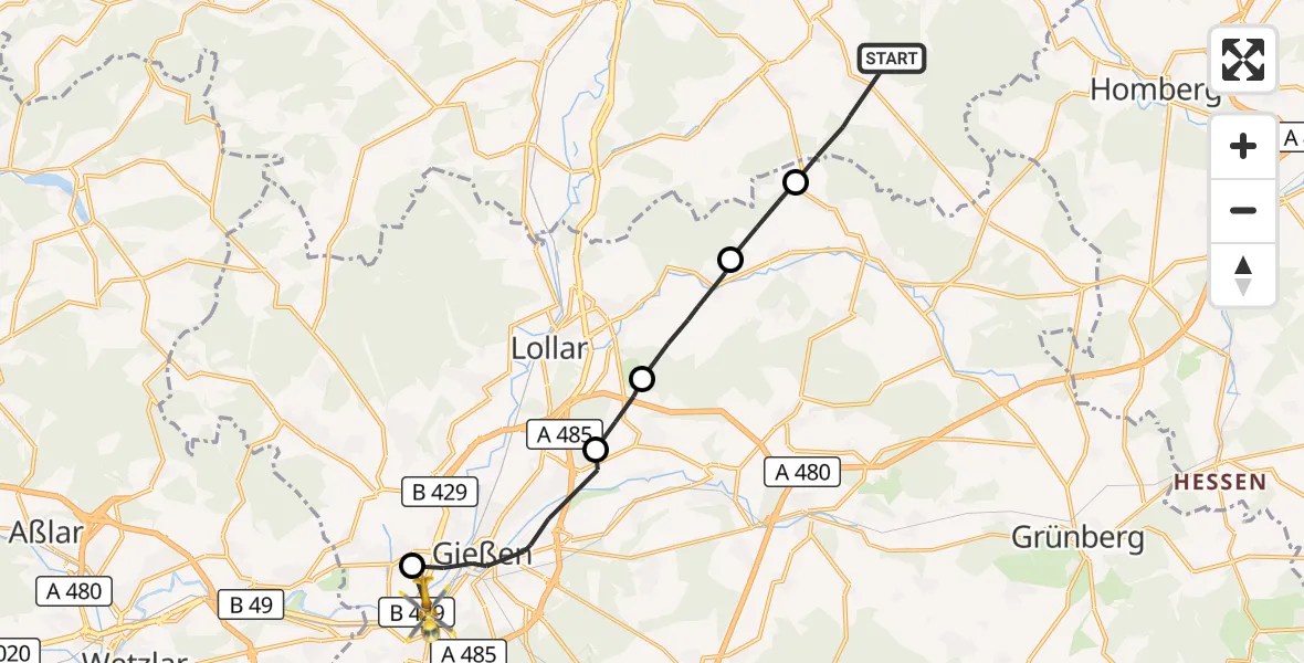 Flugroute Ambulanzhubschrauber Ebsdorfergrund - Gießen, 20 Oktober 2026, 08:49