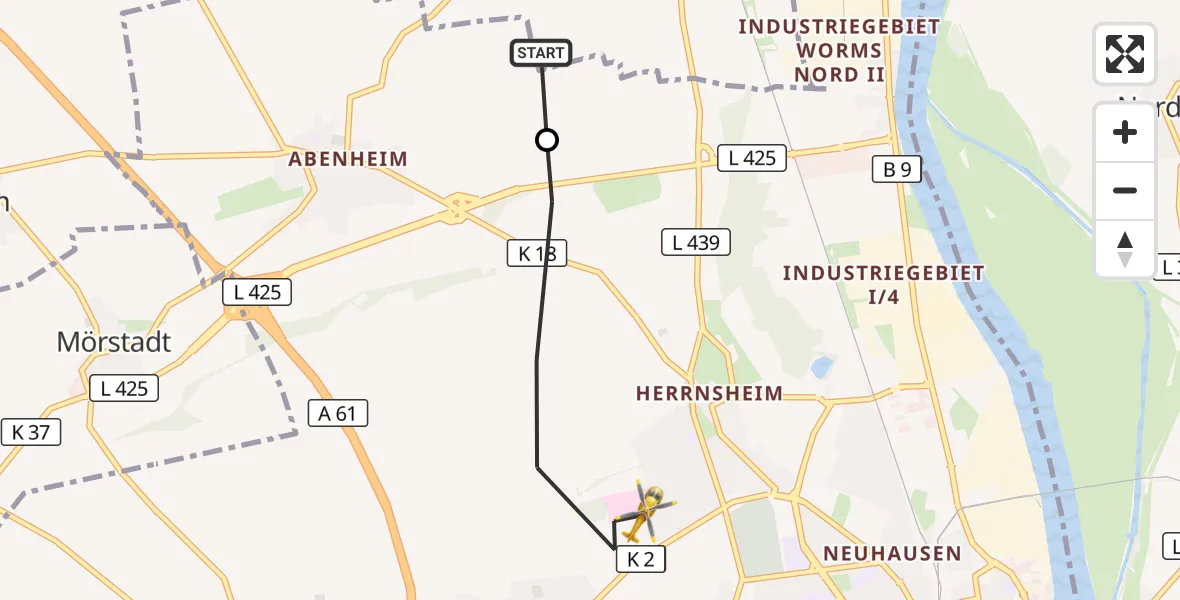 Flugroute Rettungshubschrauber Osthofen - Worms, 20 Oktober 2026, 08:53