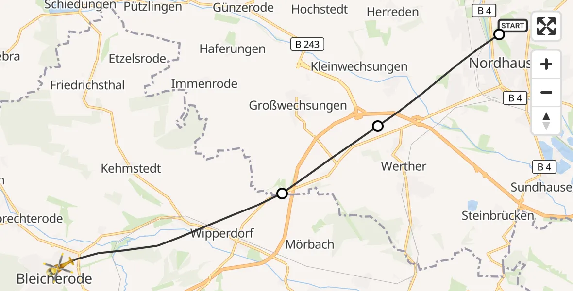 Flugroute Rettungshubschrauber Südharz Hospital Nordhausen - Bleicherode, 20 Oktober 2026, 08:54