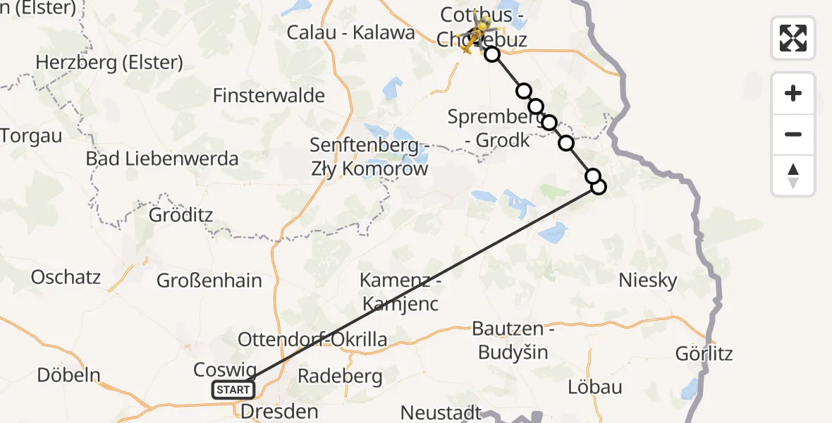 Flugroute Rettungshubschrauber Dresden - Carl Thien Hospital Cottbus Hubschrauberlandeplatz, 20 Oktober 2026, 09:03